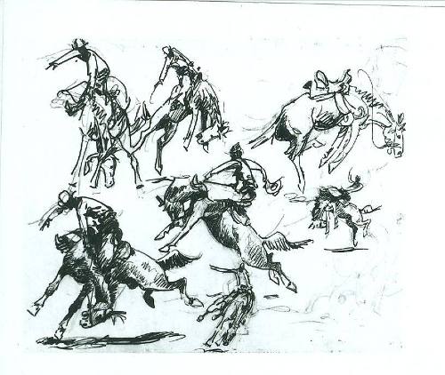 Untitled (Sketches of Cowboy on Bucking Horse)